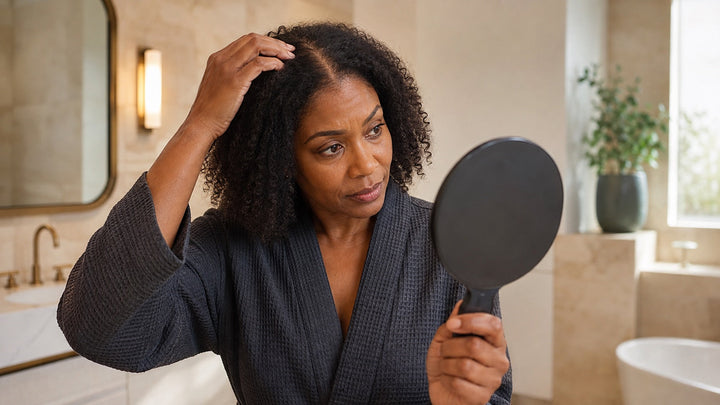 Woman examining widening center part for signs of female pattern hair loss