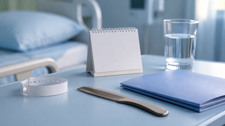 Hospital recovery still life with comb, blank calendar, water, and wristband