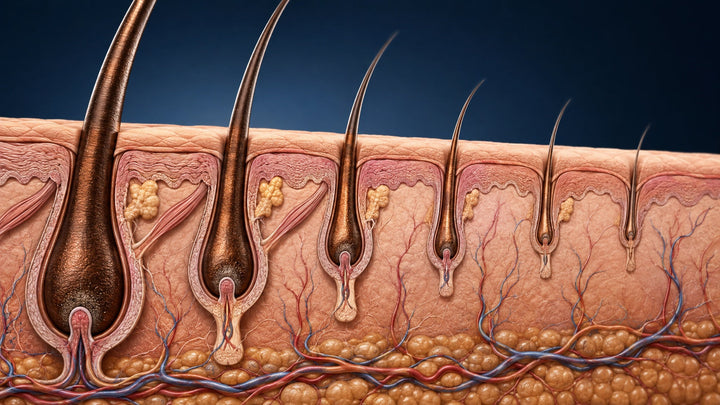 Scientific cutaway showing healthy and progressively miniaturized scalp hair follicles