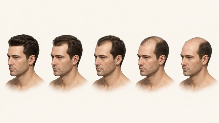 Seven-stage visual progression of male pattern baldness at the hairline and crown