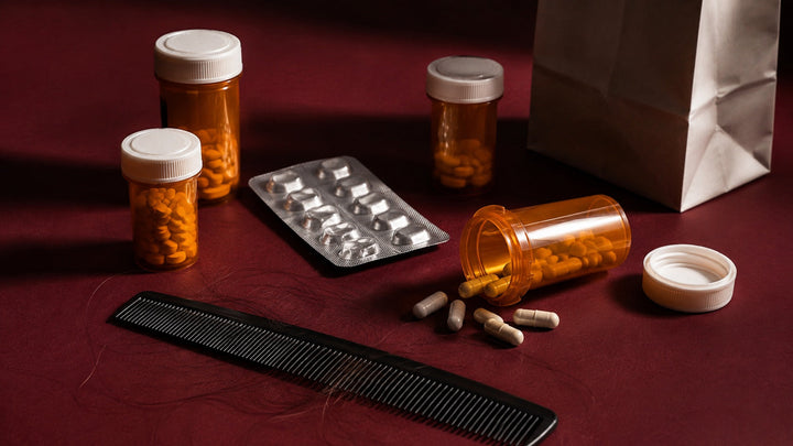 Unbranded prescription containers and hairbrush representing medication-related hair loss