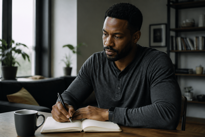 Black man around age 38 in a modern apartment thoughtfully recording energy, sleep, and training observations in a plain notebook, natural window light, quiet lifestyle documentary photography.