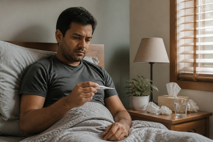 South Asian man around age 35 recovering at home with a thermometer, water, and tissues on the bedside table, tasteful non-dramatic illness scene, warm daylight, natural editorial photography.