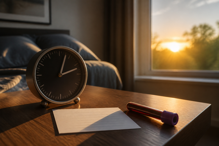 Sunrise casting long shadows across a minimal bedside clock, appointment card with no readable writing, and a sealed blood collection tube, no people, cinematic time-of-day still life.