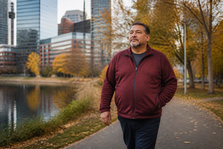 Heavyset man around age 50 with olive skin taking a purposeful morning walk through a modern urban park in autumn, burgundy jacket, confident rather than distressed, cinematic lifestyle photography.