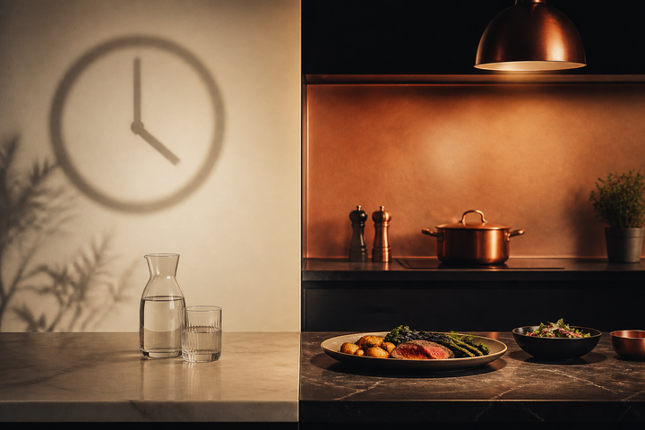 Split-time kitchen scene with a minimalist clock shadow on one side and a complete evening meal on the other, no people, architectural composition, copper, cream, and black palette.