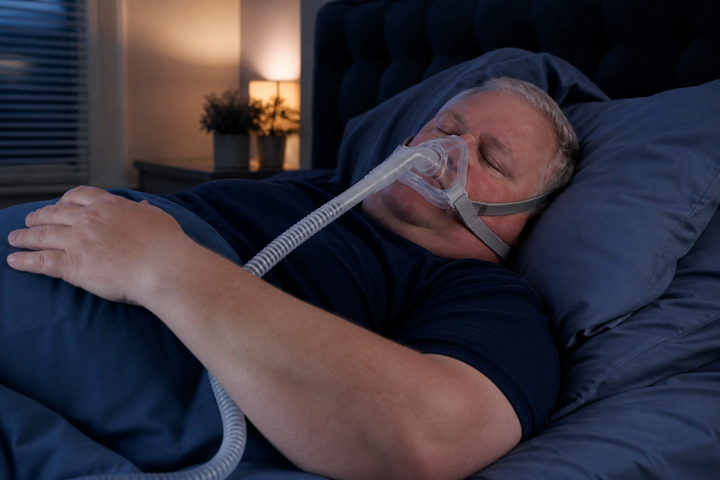 Heavyset white man around age 62 sleeping comfortably with a modern CPAP mask in a dark blue bedroom, respectful realistic treatment scene, soft nighttime photography.