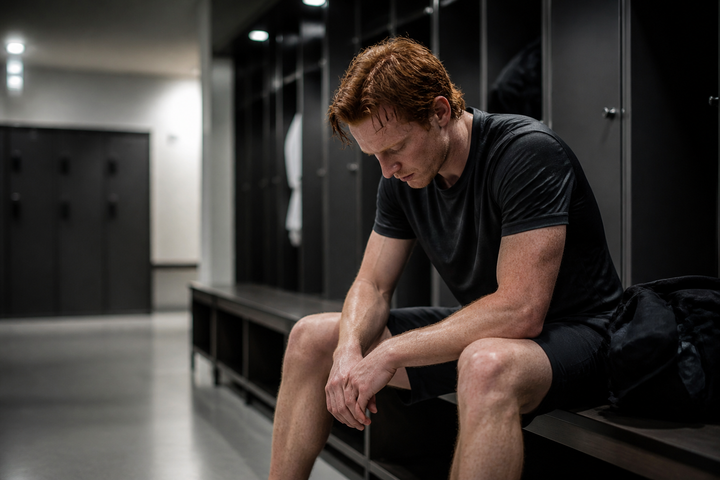Red-haired white male athlete around age 28 sitting alone in a quiet locker room after training, elbows on knees and visibly exhausted, cinematic desaturated documentary photography.