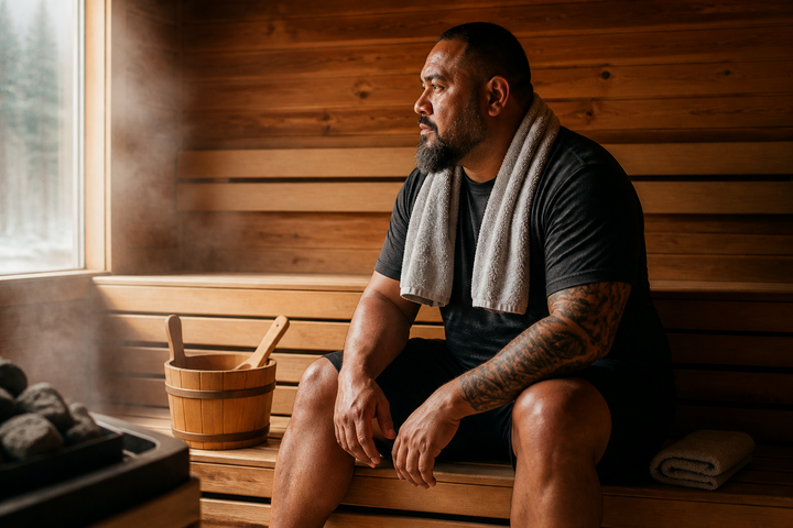 Broad-shouldered Polynesian man around age 40 seated calmly in a cedar sauna, side silhouette with water bucket and towel, soft steam, tasteful wellness photography.