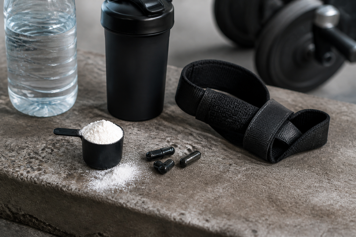 Gym-bag still life with a creatine scoop, four dark capsules, shaker bottle, lifting straps, and water on a concrete bench, no people, sharp modern sports-product photography.