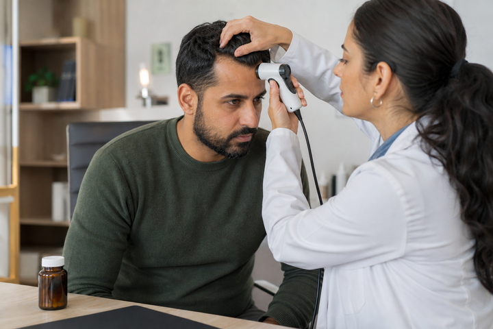 Middle Eastern man around age 36 in a dermatology consultation while a clinician examines his hairline with a handheld scope, unbranded pill bottle on the desk, credible medical editorial photography.
