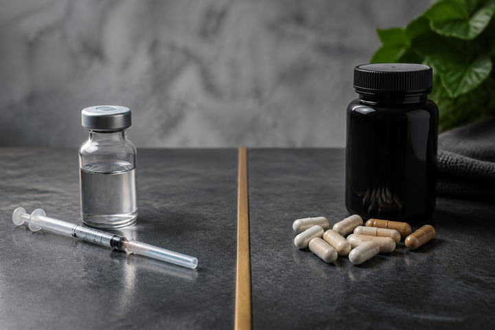 High-end comparison still life with a physician-supervised medication vial and syringe safely capped on one side, supplement capsules and an unbranded bottle on the other, separated by a brass line, no people, no text.