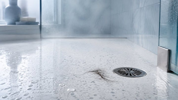 Small realistic cluster of shed hair beside a clean shower drain