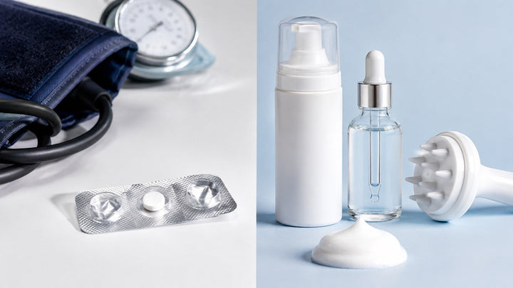Split medical still life comparing an oral tablet with topical minoxidil products