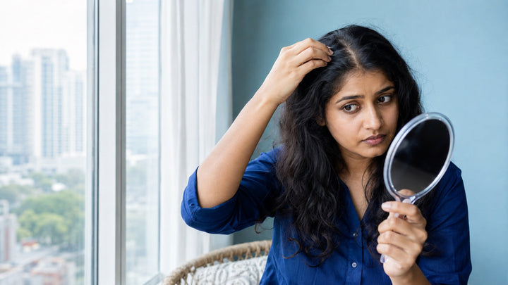 Young woman checking the width of her center part while learning about PCOS hair loss