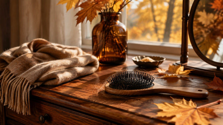 Autumn vanity scene with hairbrush, scarf, and golden leaves