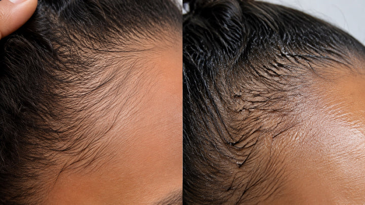 Close comparison of tapered new hair growth and frayed broken hair at the temple