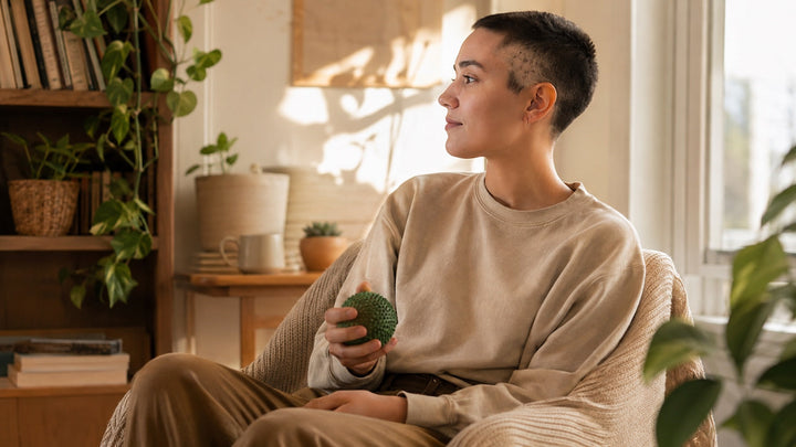 Person with irregular short temple hairs holding a stress ball in a calm setting