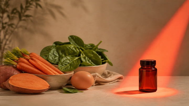 Vitamin A foods beside an amber supplement bottle under cautionary light