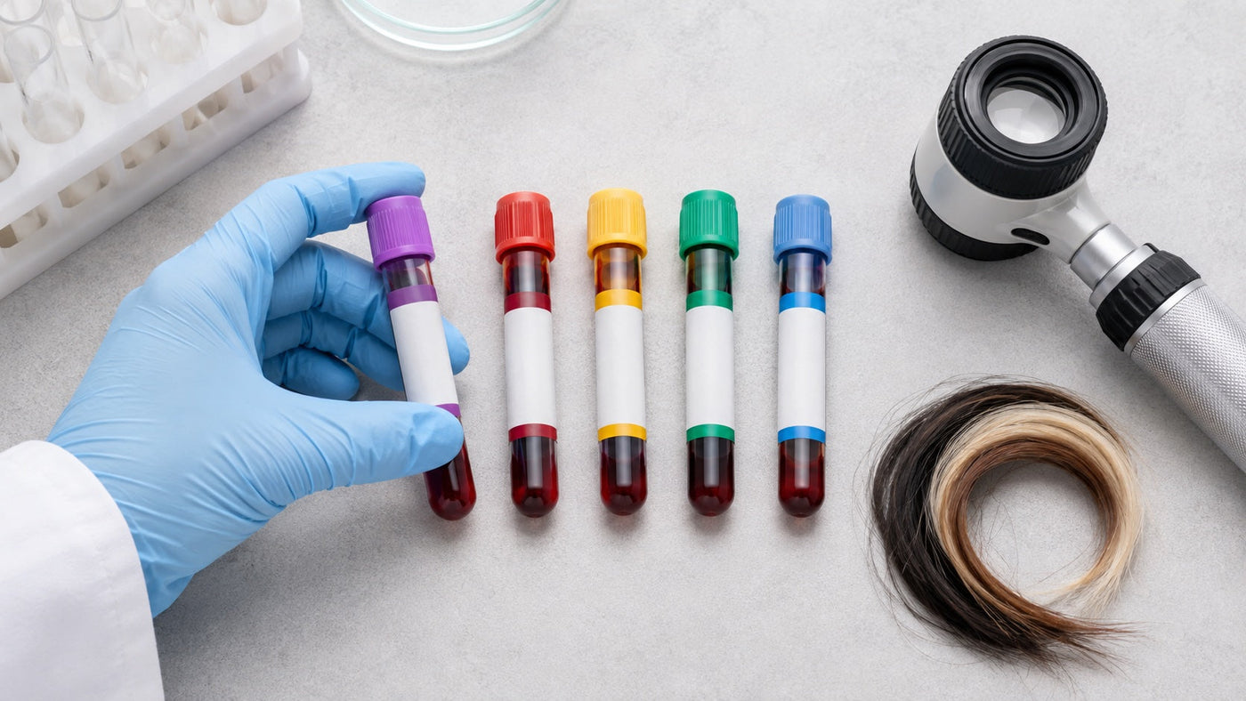 Labeled laboratory blood tubes arranged for a targeted hair-loss evaluation