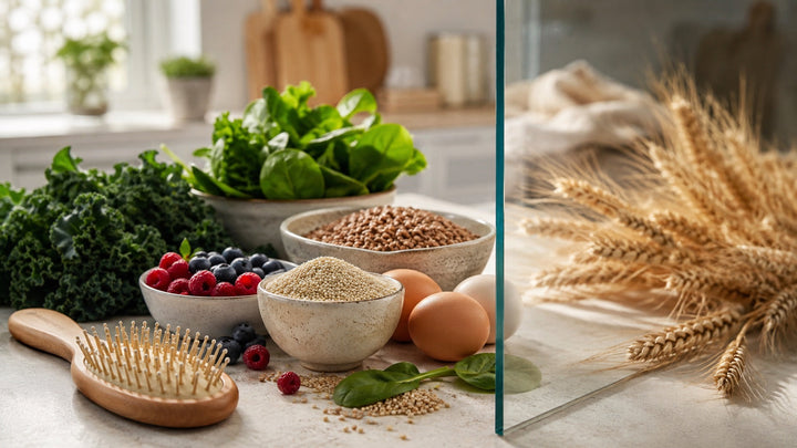 Gluten-free whole foods separated from wheat beside a wooden hairbrush