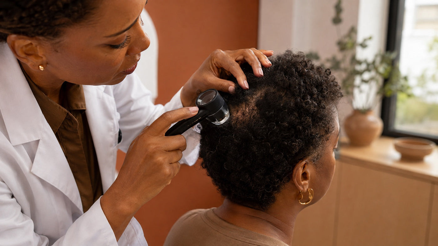 Black dermatologist examining crown hair loss in a Black woman with coily hair