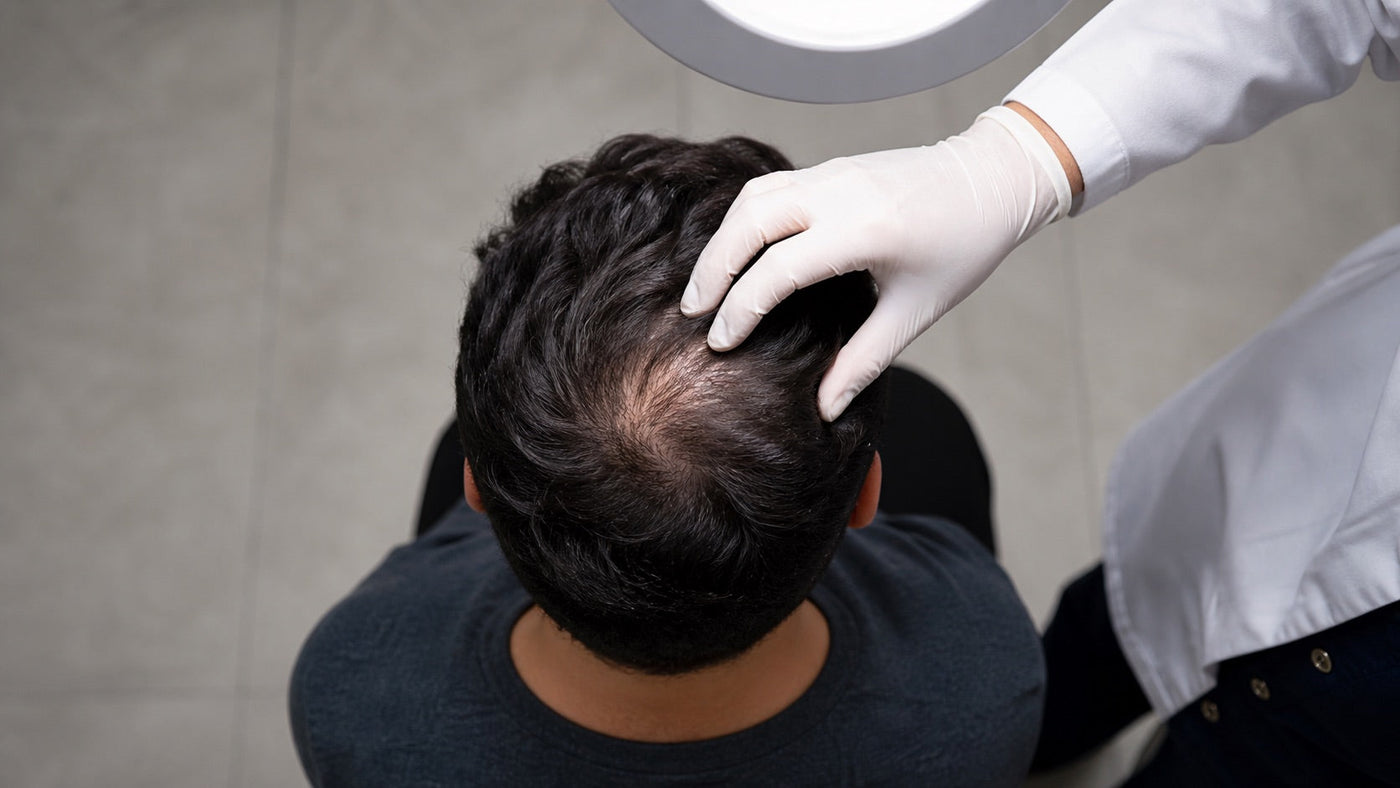 Dermatologist examining the crown of a man's scalp under clinical light