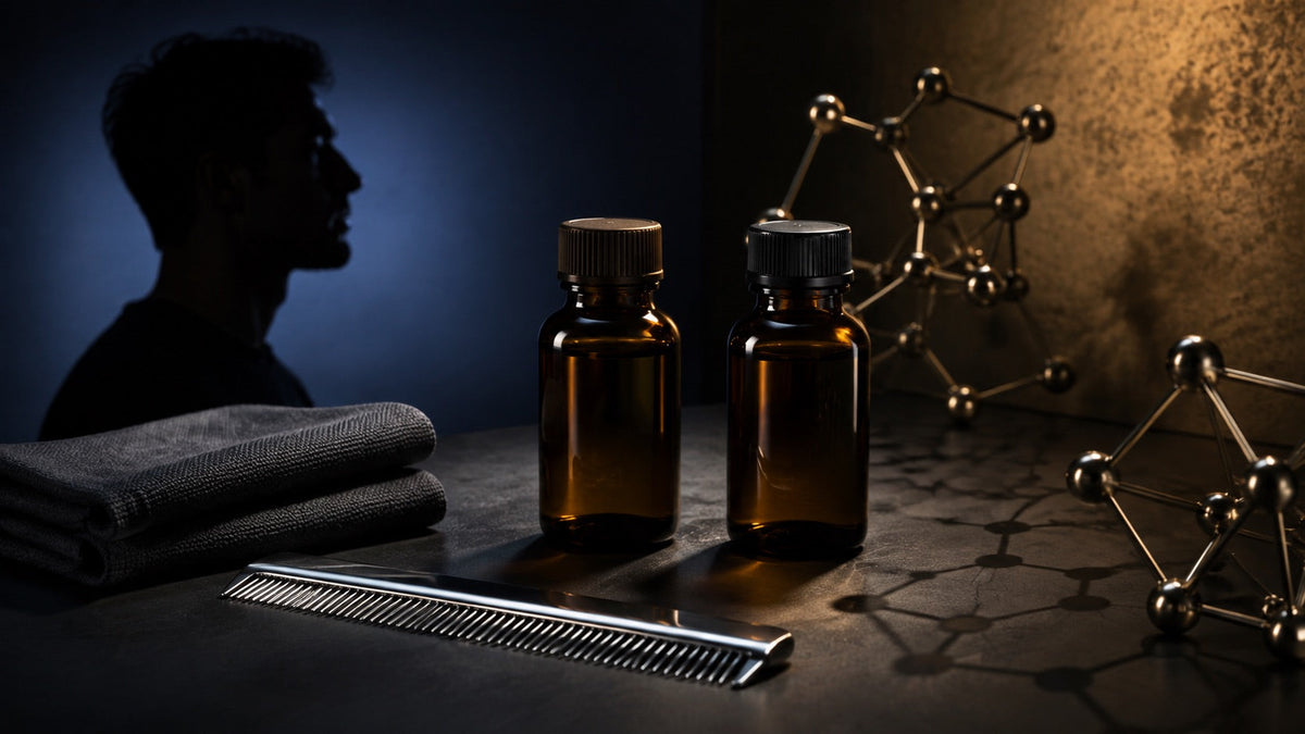 Two unbranded prescription bottles in a men's hair-loss treatment comparison