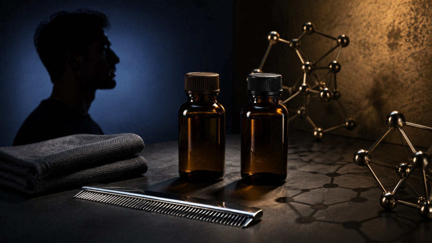 Two unbranded prescription bottles in a men's hair-loss treatment comparison