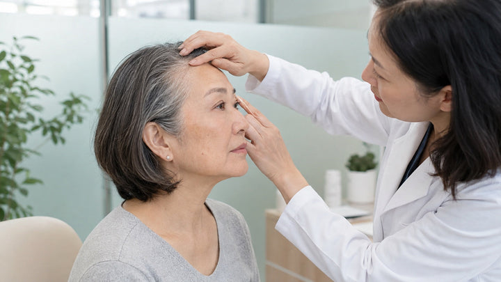 Dermatologist examining a woman's frontal hairline and eyebrow for FFA