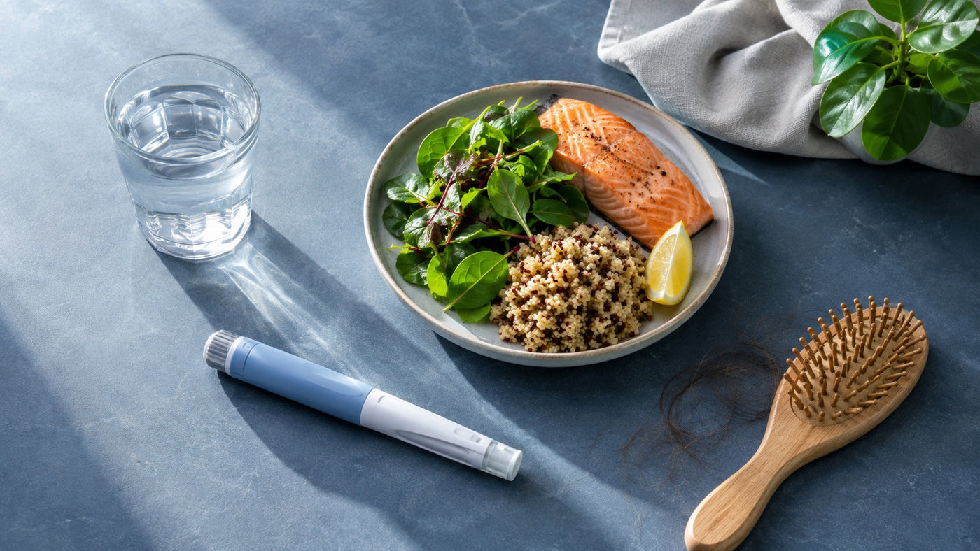 Protein-rich meal, injection pen, and hairbrush representing GLP-1 weight loss and hair shedding