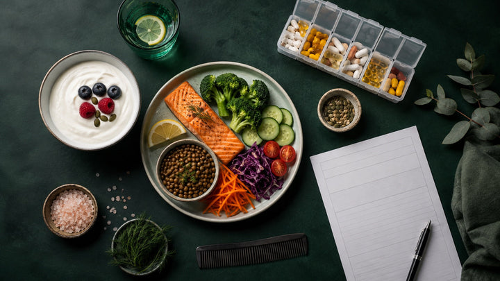 Balanced high-protein meal, bariatric vitamin organizer, lab form, and comb