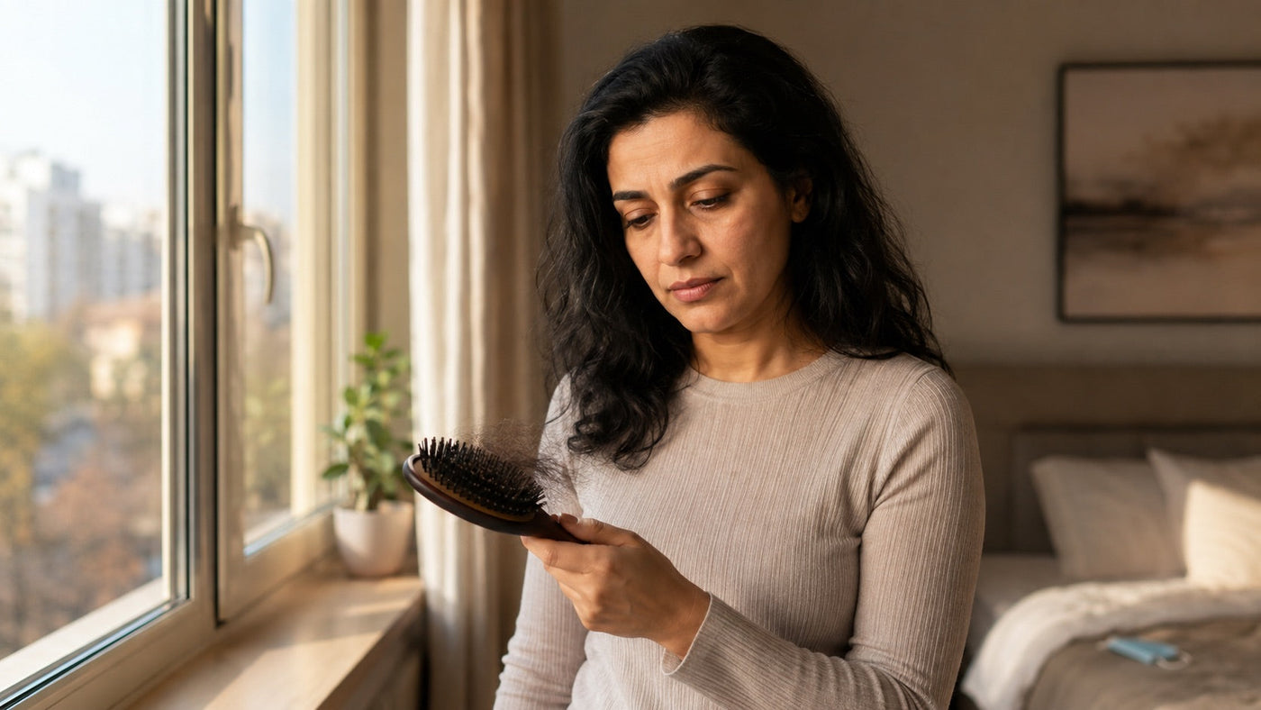 Woman recovering after COVID calmly checking hair collected in a brush