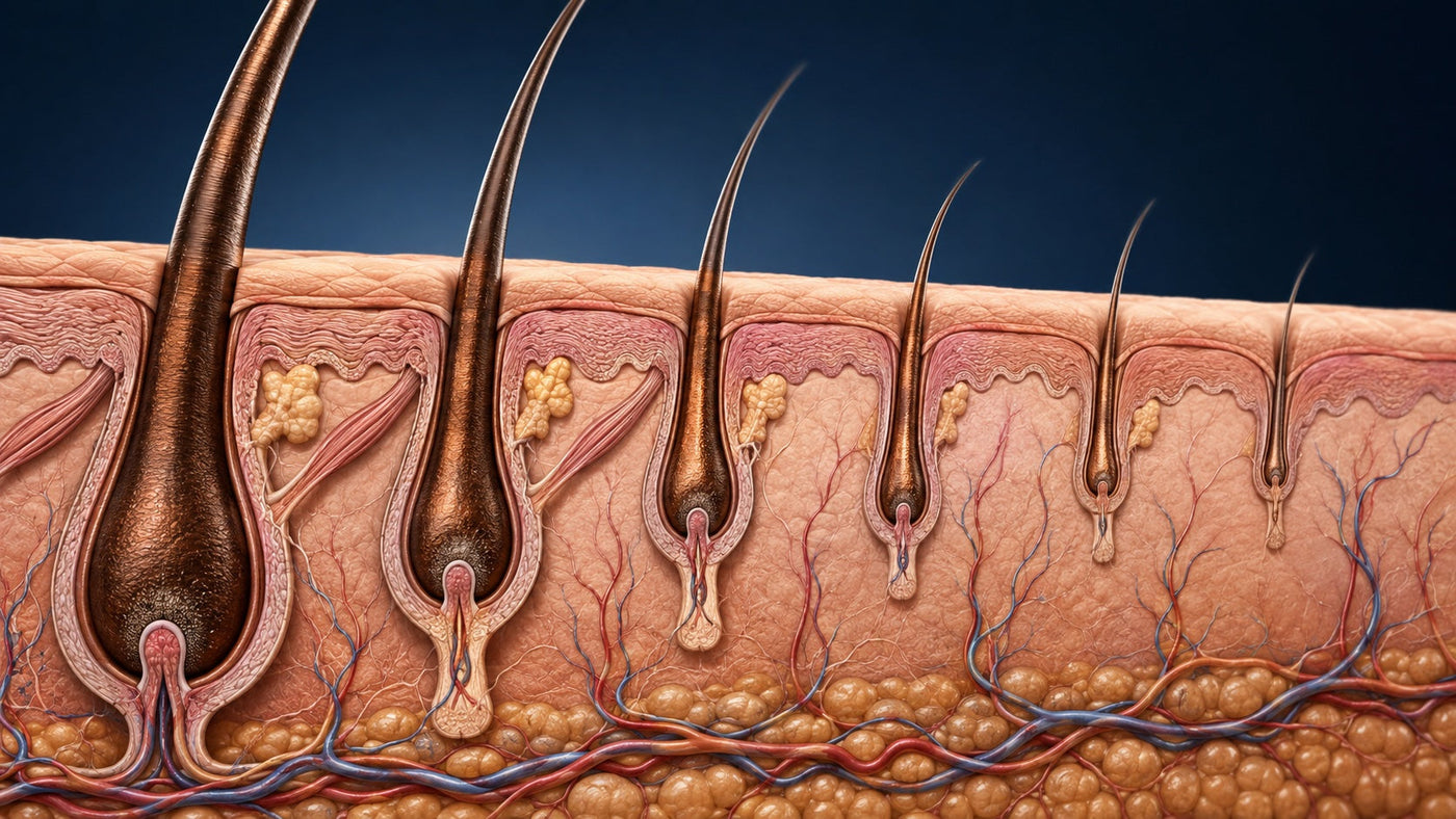 Scientific cutaway showing healthy and progressively miniaturized scalp hair follicles