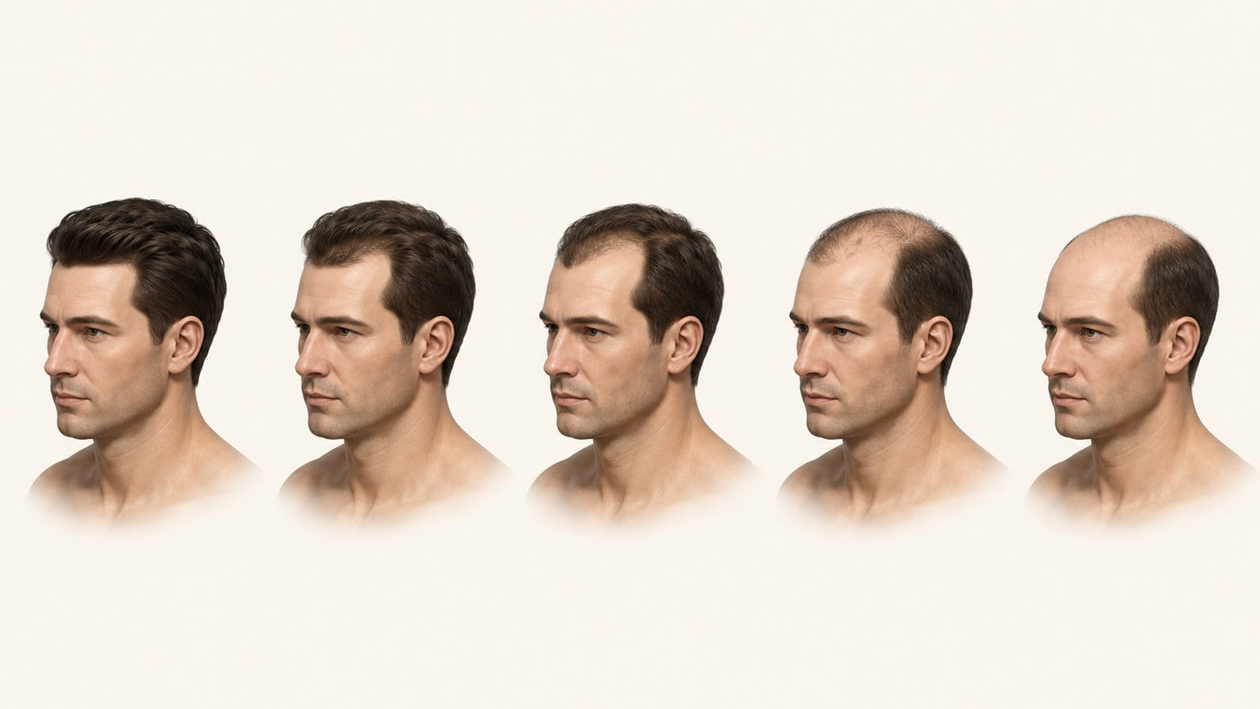Seven-stage visual progression of male pattern baldness at the hairline and crown