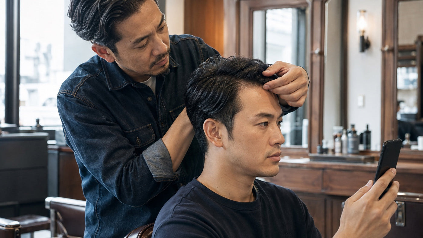Barber examining a man's temple to compare a mature and receding hairline