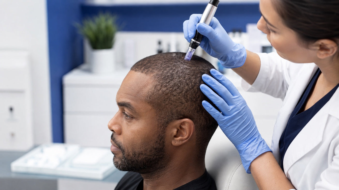 Clinician performing controlled scalp microneedling for pattern hair loss