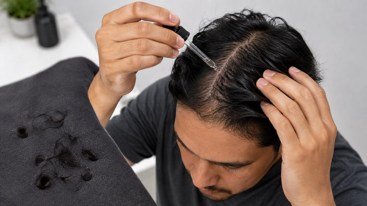 Man applying topical minoxidil with a dropper while tracking shed hairs