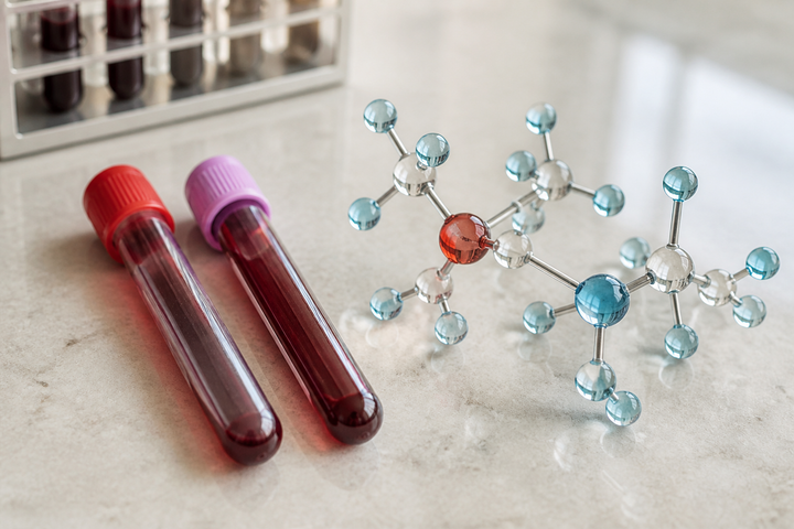 Clinical still life with two distinct blood sample tubes beside a refined glass molecular model that suggests bound and unbound hormone, no people, pale stone laboratory surface, crisp editorial macro photography.