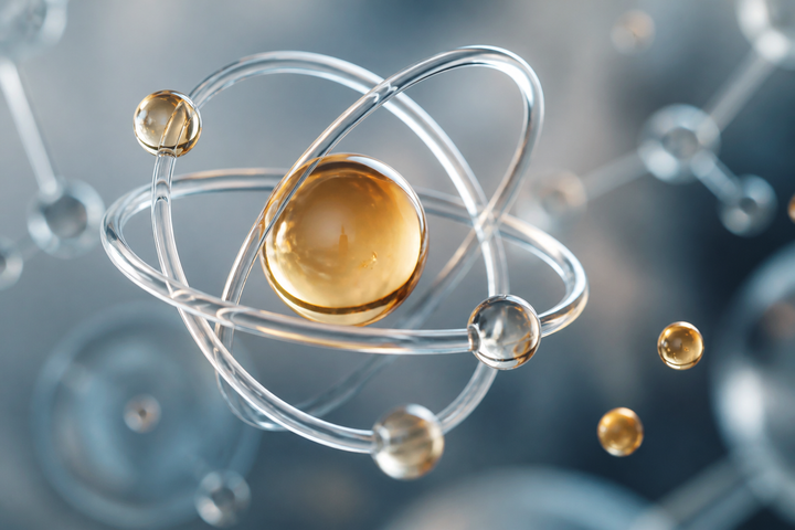 Conceptual scientific composition of a central amber sphere held by elegant glass rings and smaller free spheres nearby, no people, blue-gray and champagne laboratory palette, sophisticated macro photography.