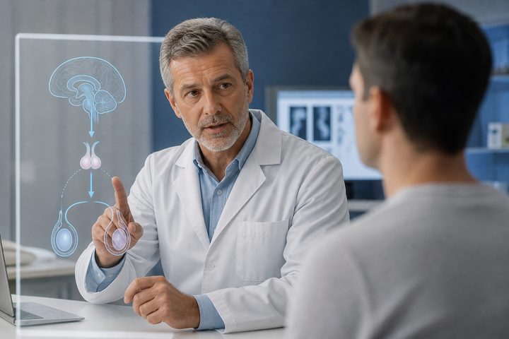 Male endocrinologist in his early 50s, salt-and-pepper hair, reviewing an abstract pituitary-to-testes pathway on a translucent clinical display with a patient out of focus, modern specialist office, documentary...