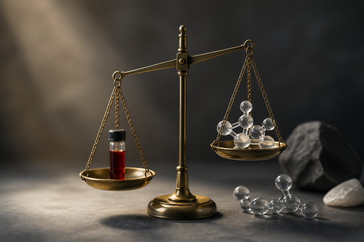 Precision brass balance scale with one blood vial and several translucent molecular spheres arranged at unequal heights, no people, dramatic side light, charcoal and warm cream conceptual still life.