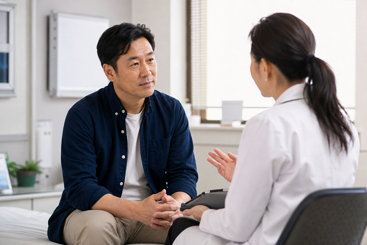 East Asian man around age 45 in a navy overshirt having a calm face-to-face consultation with a female physician in a bright contemporary clinic, candid and reassuring editorial photography.