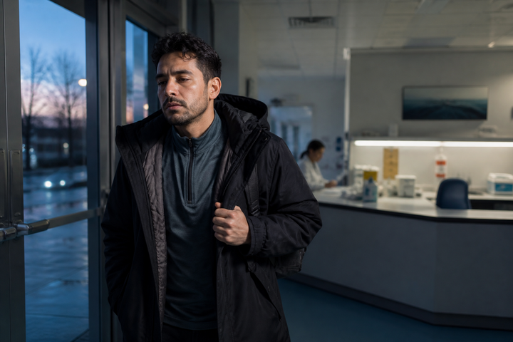 Latino man in his early 30s arriving tired at an early-morning laboratory after a visibly restless night, winter jacket over workout clothes, sample station softly blurred, cool dawn documentary photography.