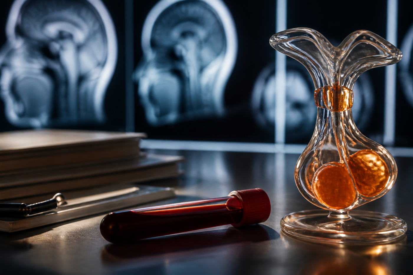 High-end medical still life with a blood tube, subtle brain scan lightbox shapes, and a small glass endocrine model, no readable data, no people, deep navy, ivory, and amber palette.