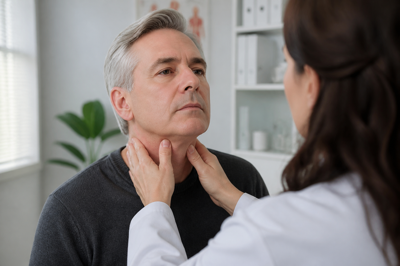 White man around age 58 in a charcoal sweater receiving a gentle thyroid neck examination from a clinician, bright private practice setting, credible and calm medical editorial photography.
