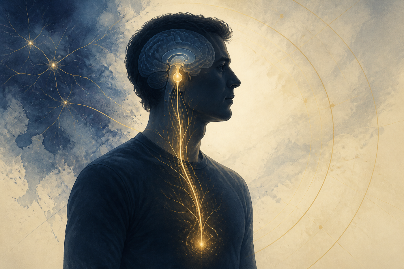 Elegant scientific conceptual illustration of a male profile silhouette with a softly illuminated pituitary region and descending signal lines toward the torso, no labels, restrained indigo, cream, and gold color system.