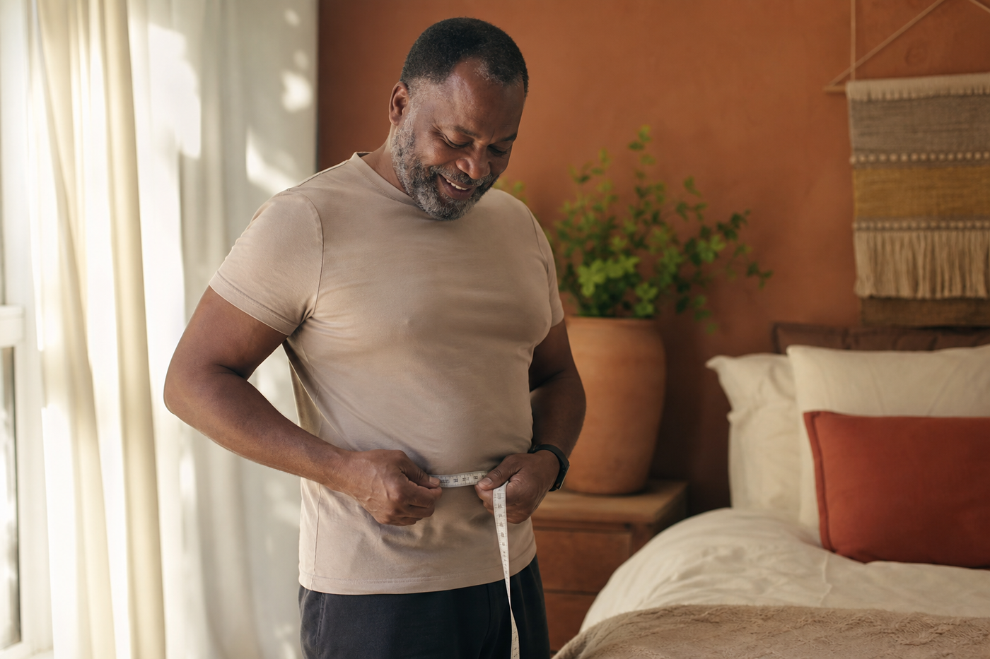 Black man around age 55 smiling subtly while measuring his waist in a sunlit bedroom after a long-term health change, relaxed realistic body, warm terracotta and cream lifestyle photography.