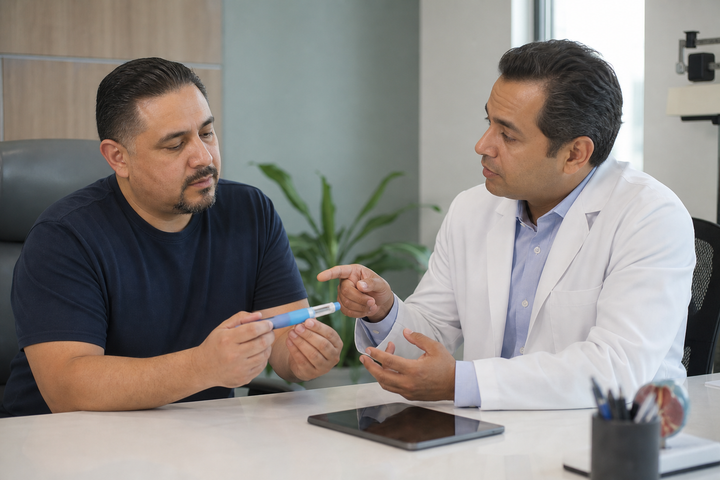 Hispanic male patient around age 42 discussing an unbranded injection pen with a male obesity-medicine physician, seated across a clean clinic desk, modern evidence-based medical photography.