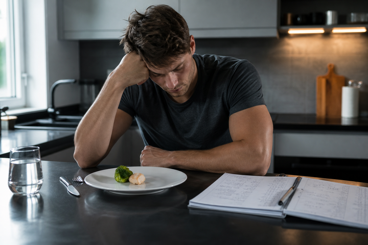 Lean male athlete in his late 20s sitting at a kitchen island after training, looking drained beside an obviously undersized meal and full training log, moody blue-gray documentary photography.